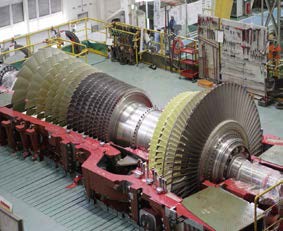 A turbine rotor on the bench for inspection, blade repair and balancing.
