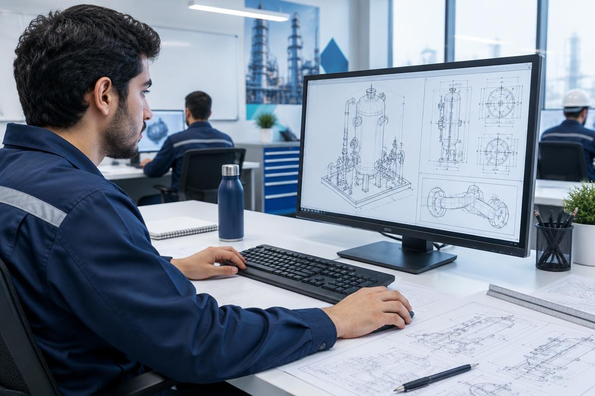 Engineer working on technical equipment drawings at a CAD workstation