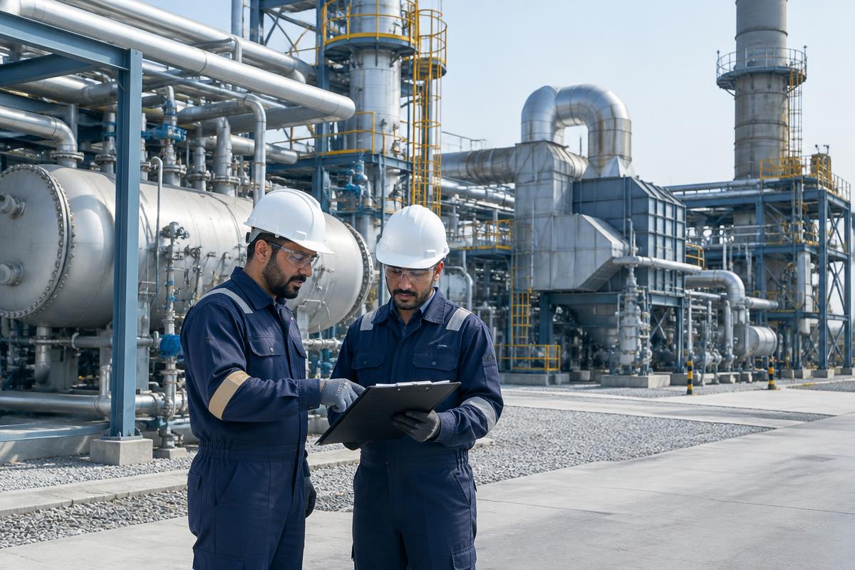 Engineers reviewing industrial process and thermal equipment at a facility