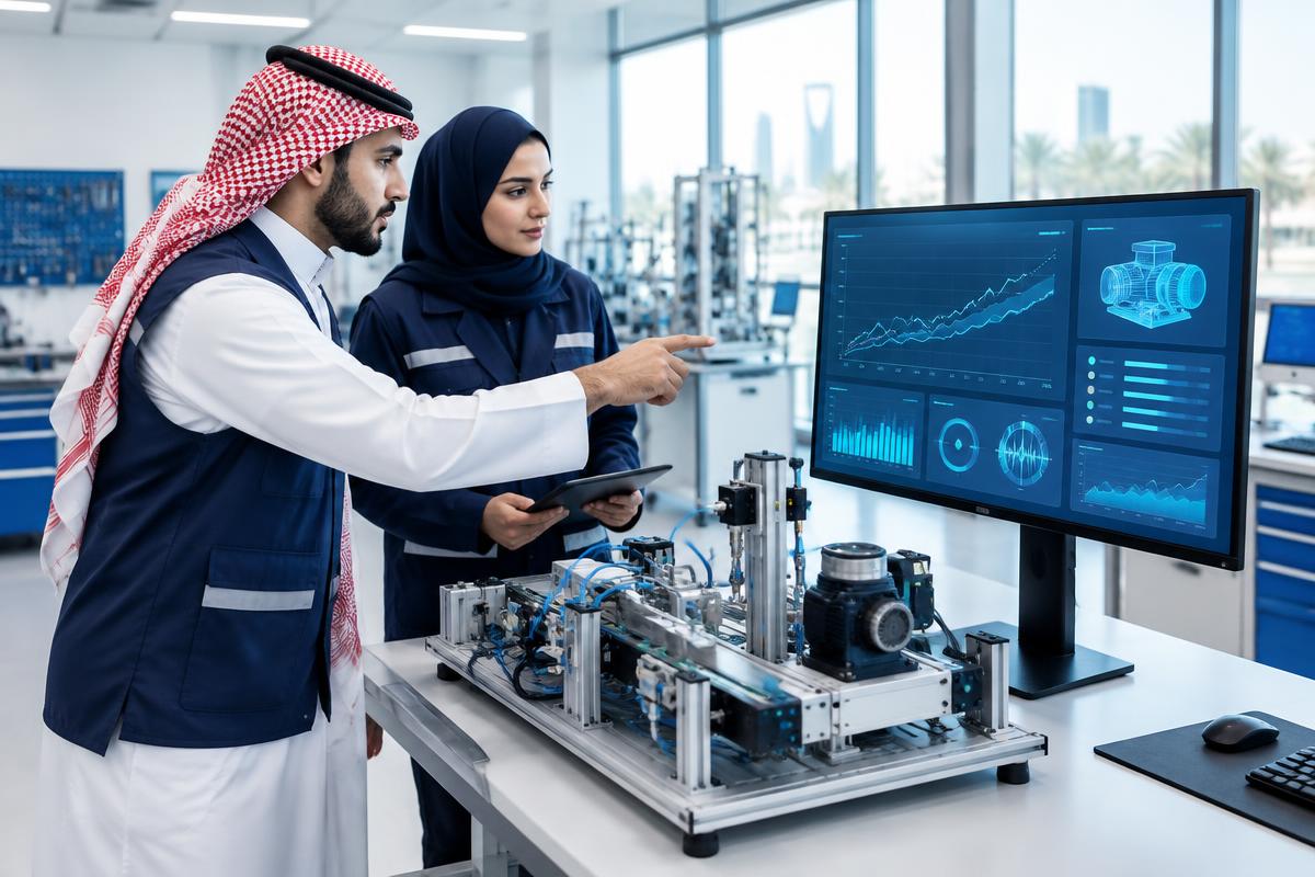 Engineers discussing industrial equipment data on a digital dashboard