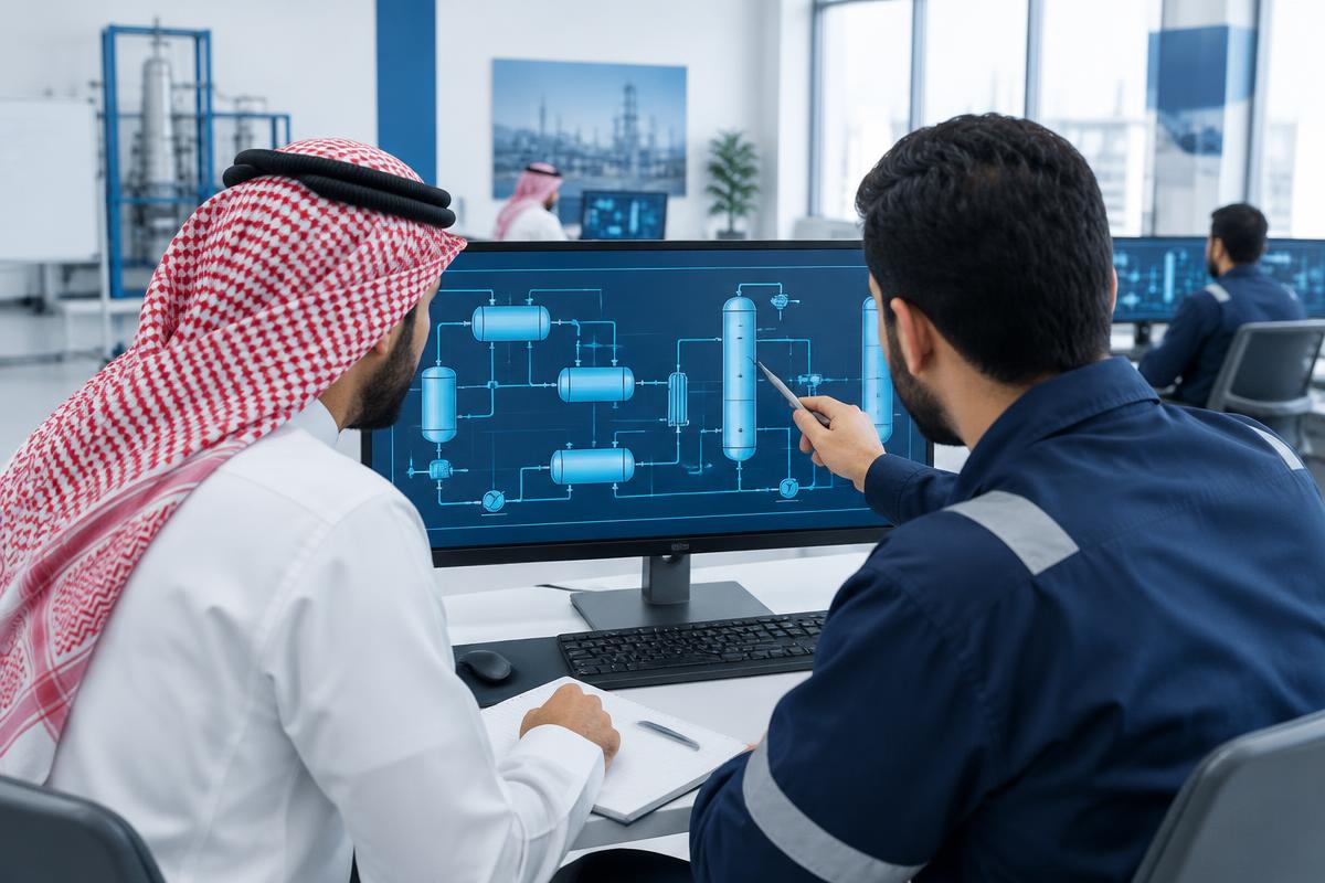 Engineers studying a process-flow simulation together at a workstation